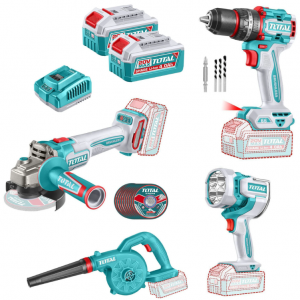 Kit 4en1 Taladro 66N + Amoladora 4.1/2" + Linterna + Soplador