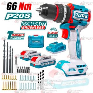 Taladro Percutor Inalámbrico 20V 66Nm Brushless con Mandril Metálico TOTAL